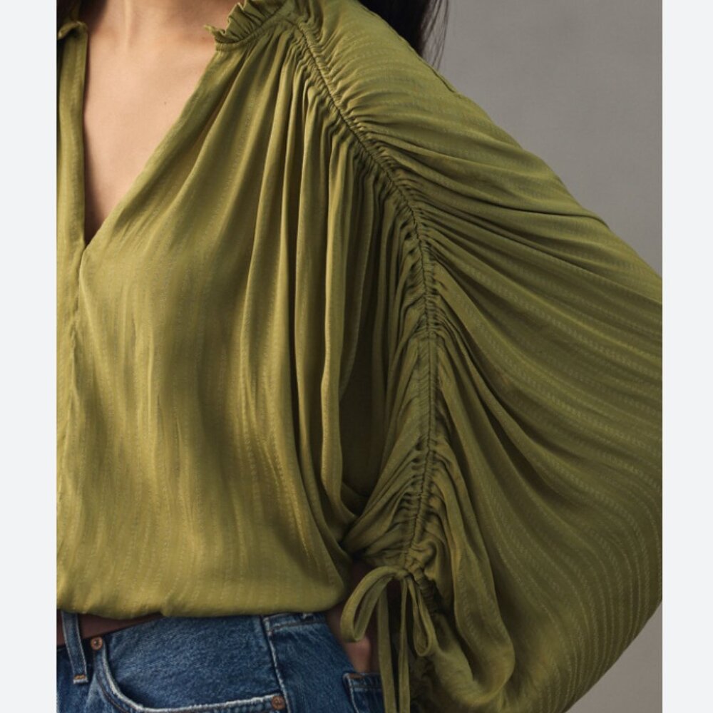 Anthropologie Olive Green Ruched Blouse - Picture 2 of 6